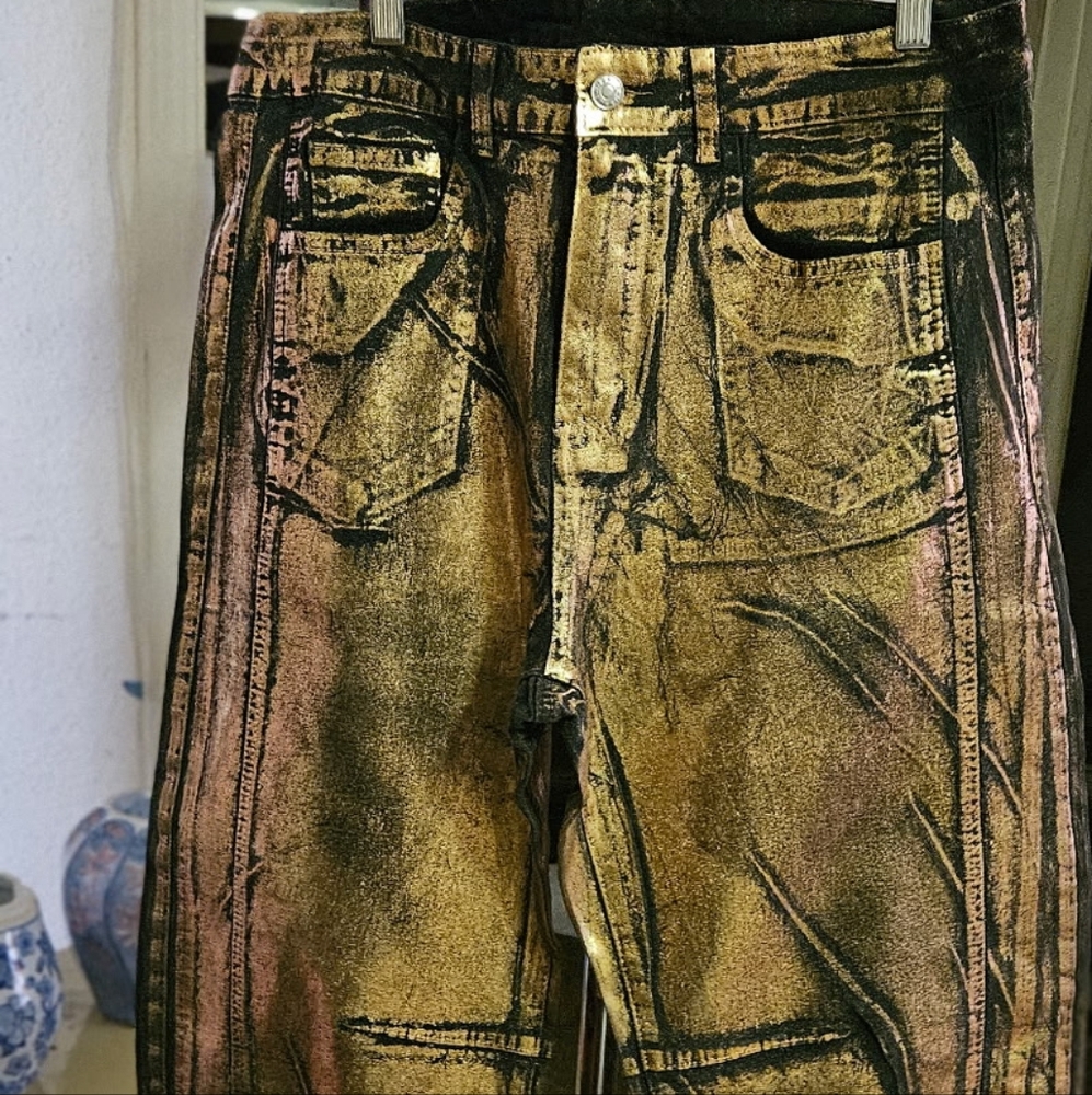 Gold and Black Straight Jeans with Distressed Details